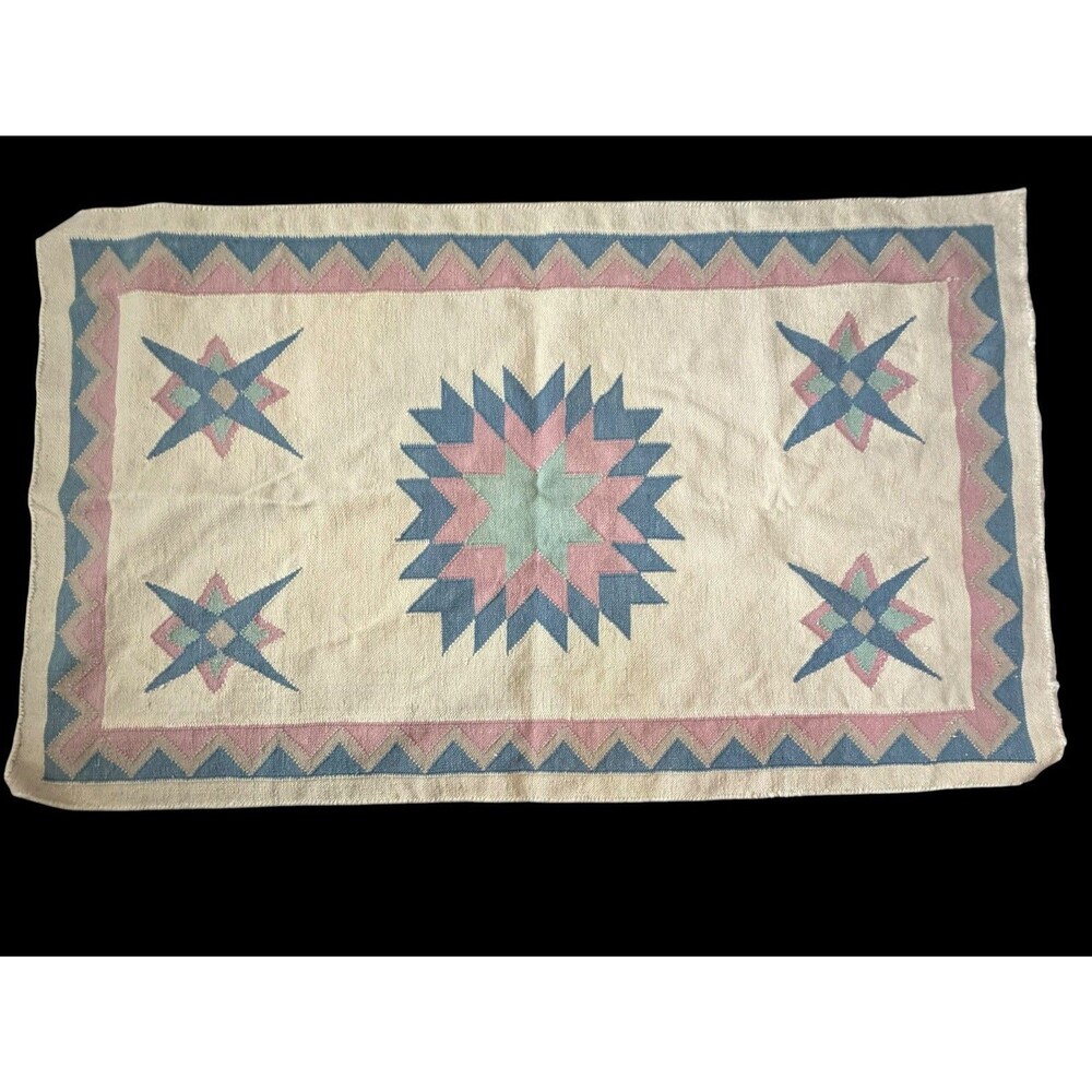 Kilim Flatweave Wool Area Rug 3 x 5 Southwestern Geometric Starburst Pastels
